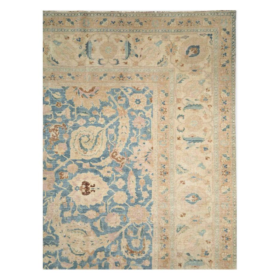 Revival Early 20th Century Persian Tabriz Room Size Carpet in Grey-Blue and Cream For Sale