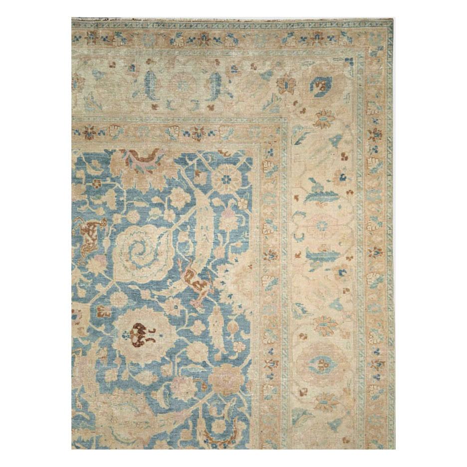 Hand-Knotted Early 20th Century Persian Tabriz Room Size Carpet in Grey-Blue and Cream For Sale