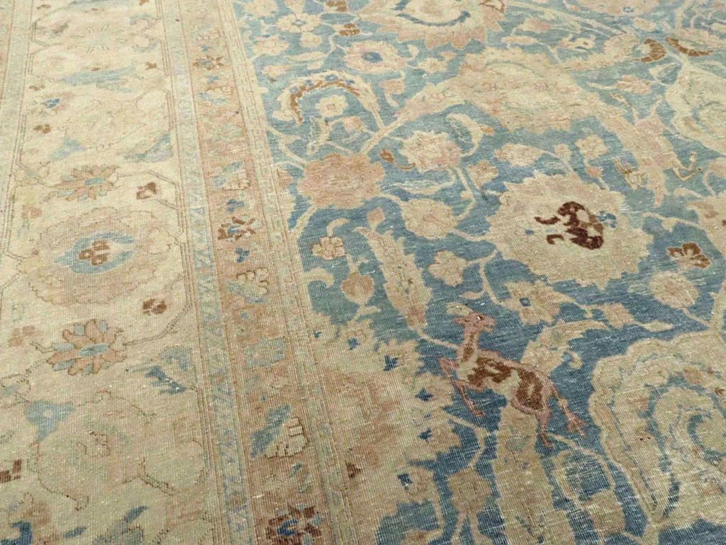 Wool Early 20th Century Persian Tabriz Room Size Carpet in Grey-Blue and Cream For Sale