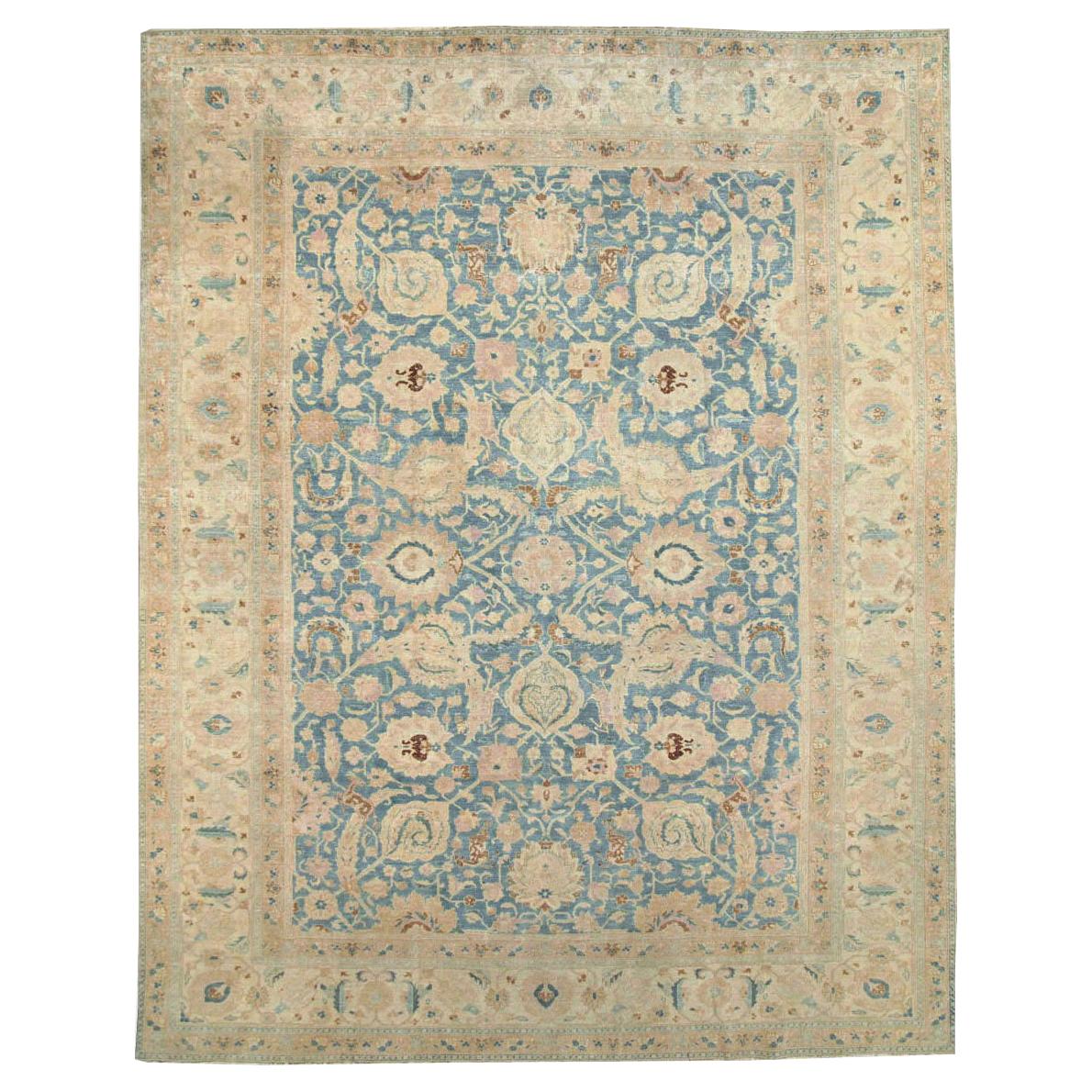 Early 20th Century Persian Tabriz Room Size Carpet in Grey-Blue and Cream For Sale