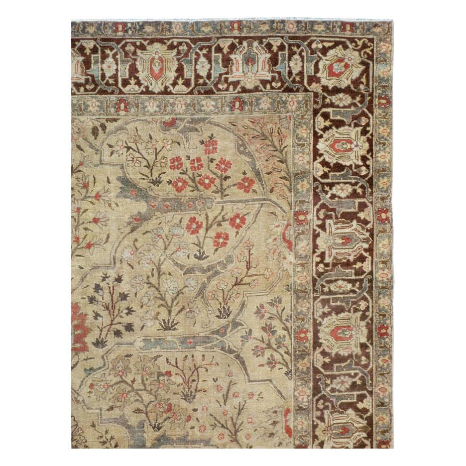 Rustic Early 20th Century Persian Tabriz Small Room Size Carpet in Maroon and Brown For Sale