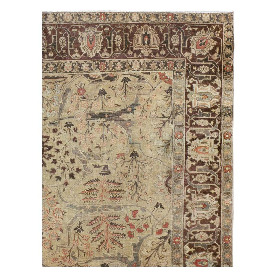 Hand-Knotted Early 20th Century Persian Tabriz Small Room Size Carpet in Maroon and Brown For Sale