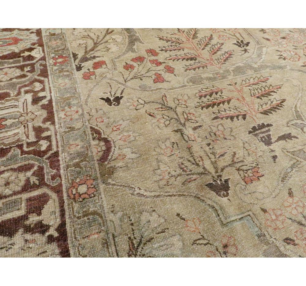 Wool Early 20th Century Persian Tabriz Small Room Size Carpet in Maroon and Brown For Sale