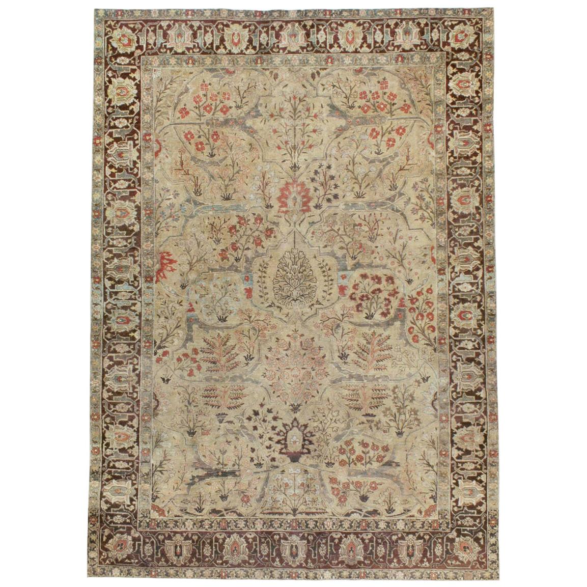 Early 20th Century Persian Tabriz Small Room Size Carpet in Maroon and Brown