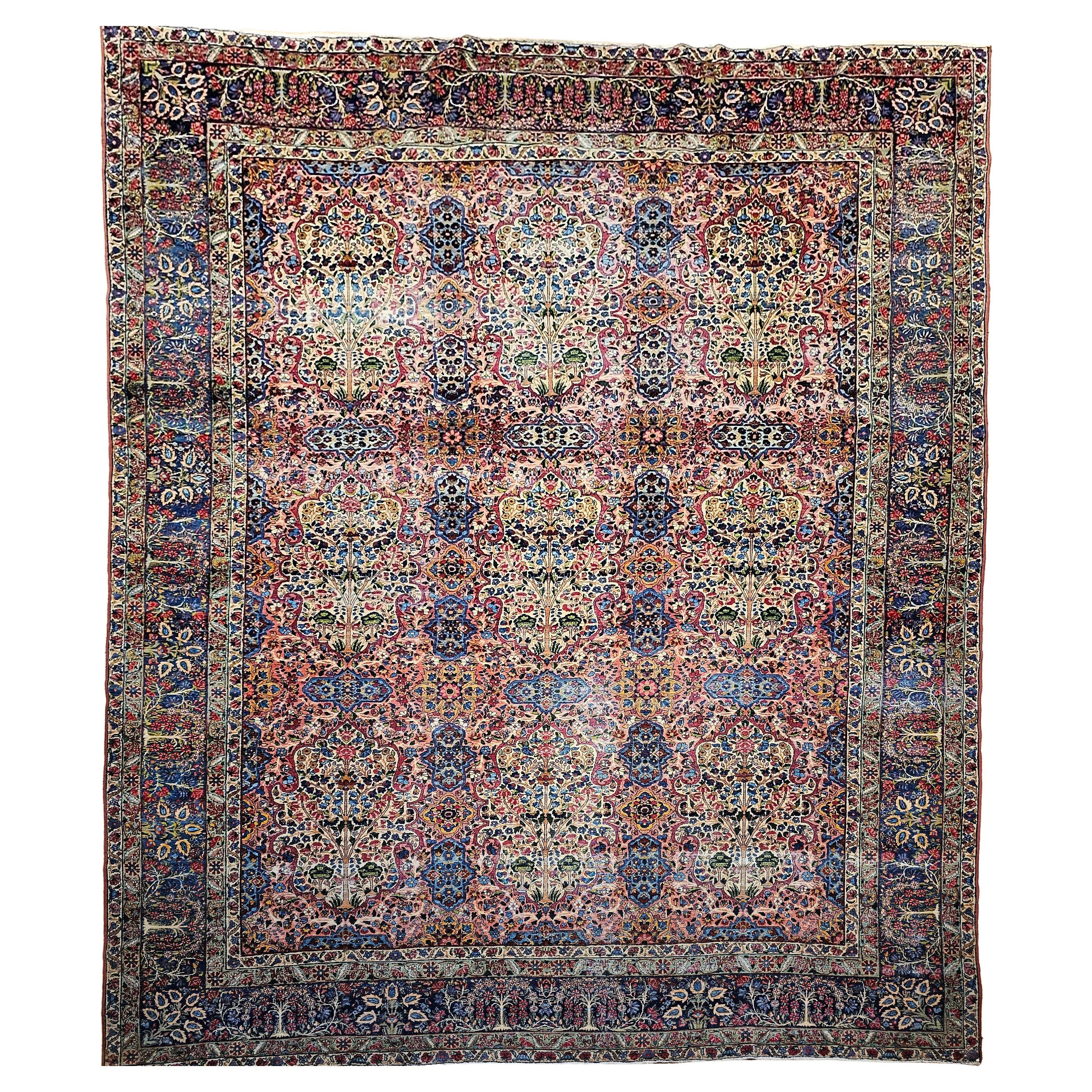 Kerman persiano "Albero della vita" dei primi del '900 in blu, blu, rosso, verde e Sage
