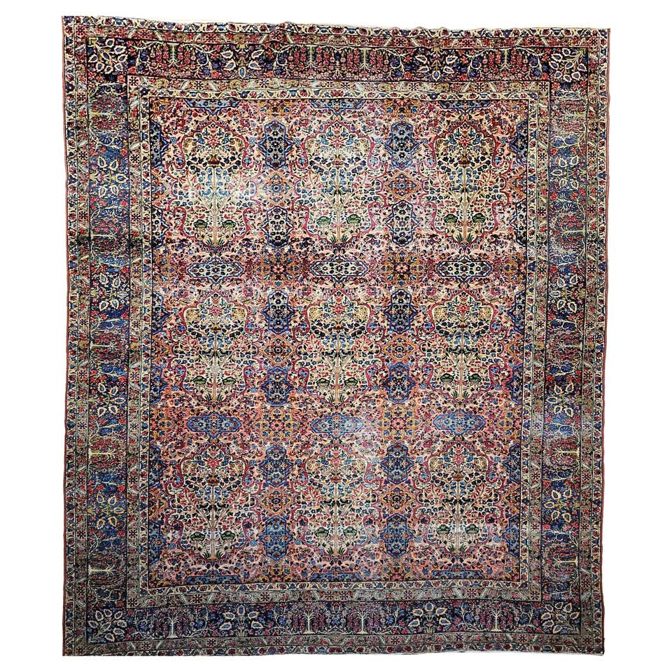 Vintage Persian Kerman Lavar “Tree of Life” in Navy, Turquoise, Blue ...