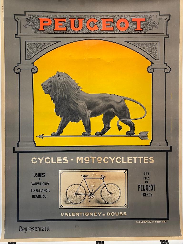 Français Affiche originale du début du 20ème siècle 'Peugeot Cycles- Motocyclettes'. en vente