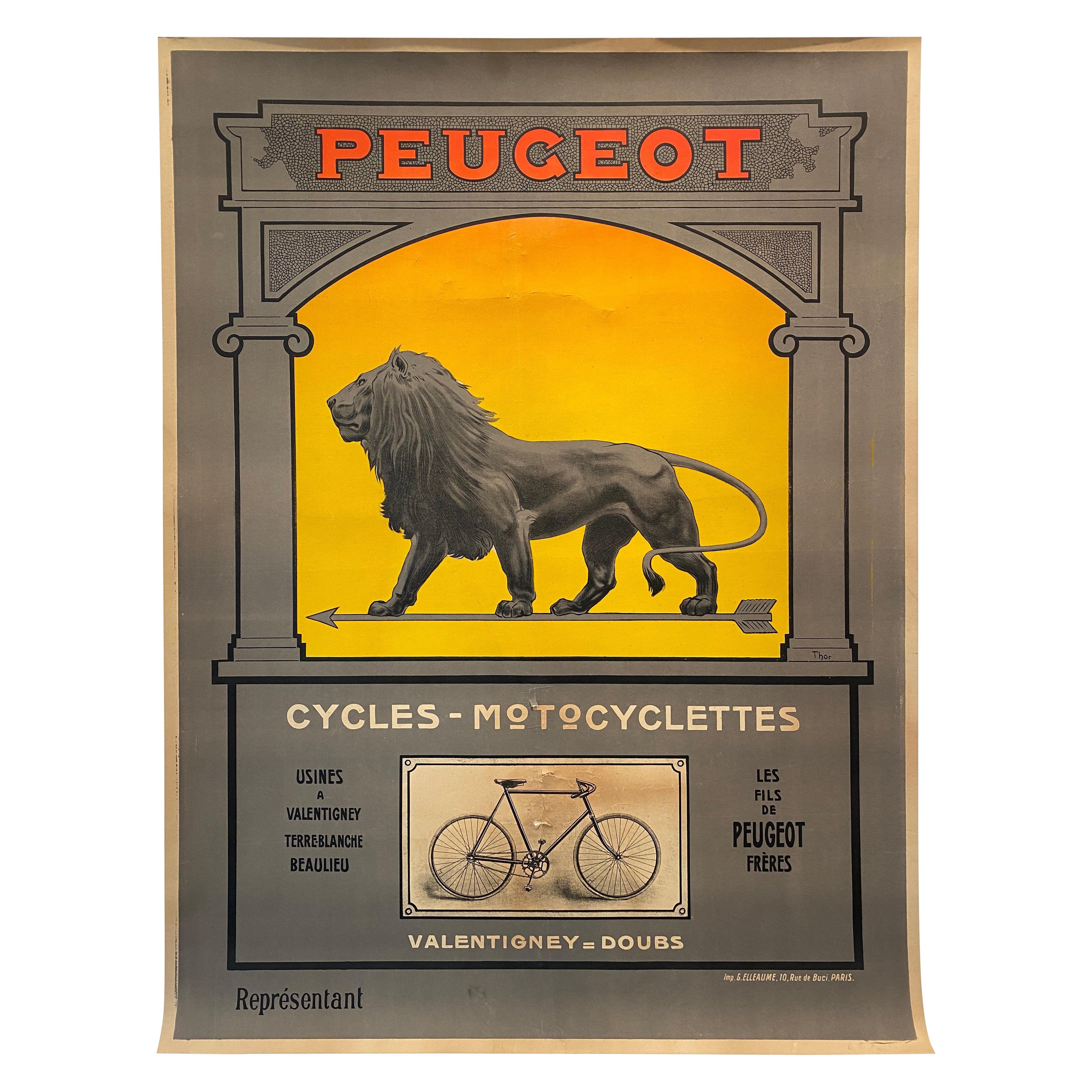 Affiche originale du début du 20ème siècle 'Peugeot Cycles- Motocyclettes'. en vente