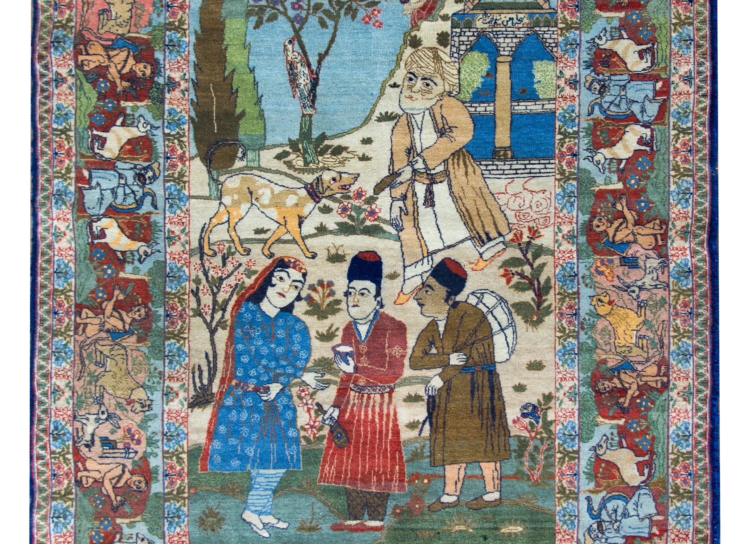 This exquisite early 20th-century Persian hand-knotted pictorial Isfahan rug captures the legendary poet Hatim al-Tai in a beautifully detailed garden landscape. Known for its intricate craftsmanship, the rug portrays a poignant scene from Hatim