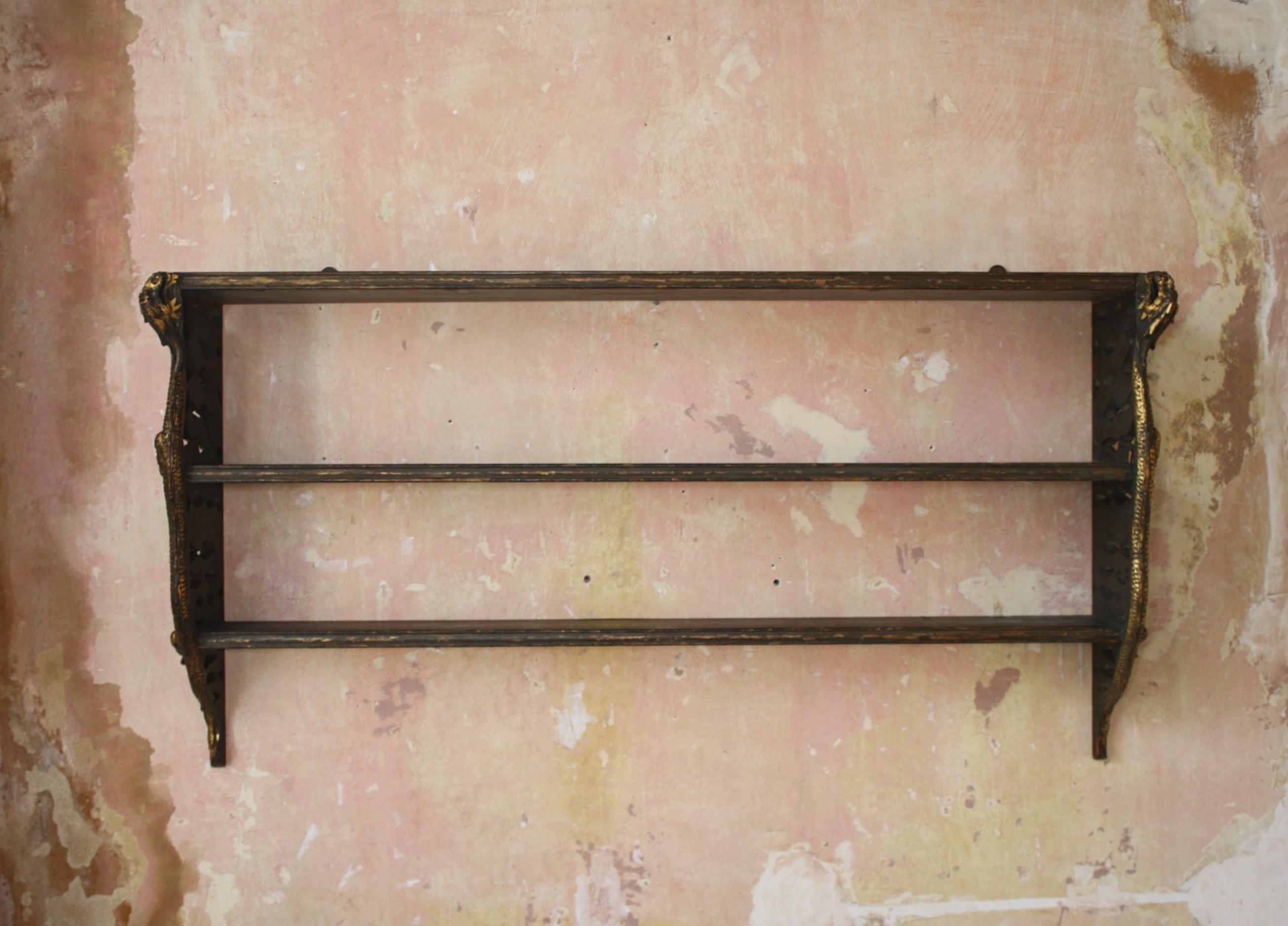 Pine Early 20th Century Pierced Ebonised & Gilt Dragon Open Shelving Chinese Export