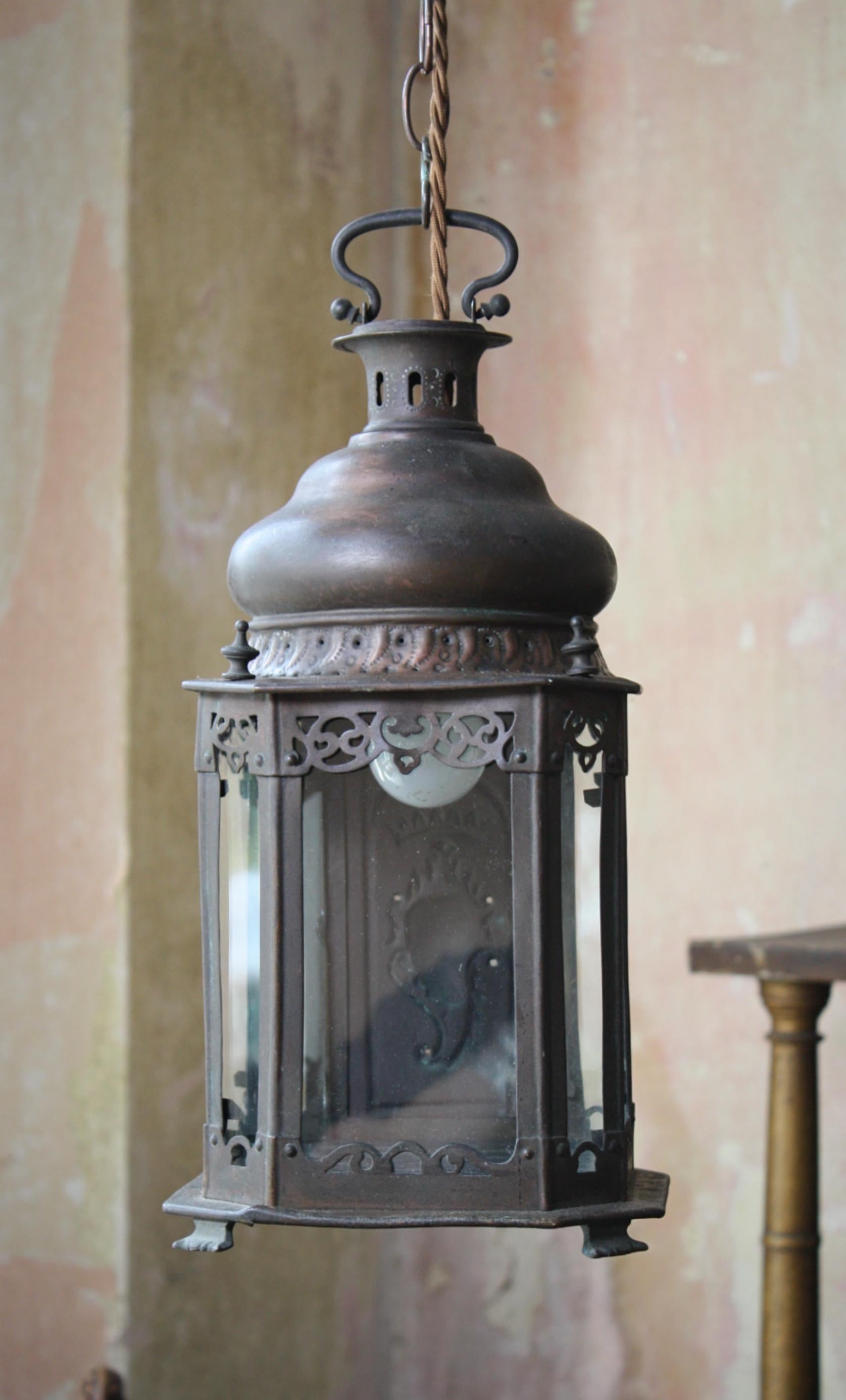 Early 20th Century Pierced & Pressed Copper Sacred Heart Catholic Lantern  5