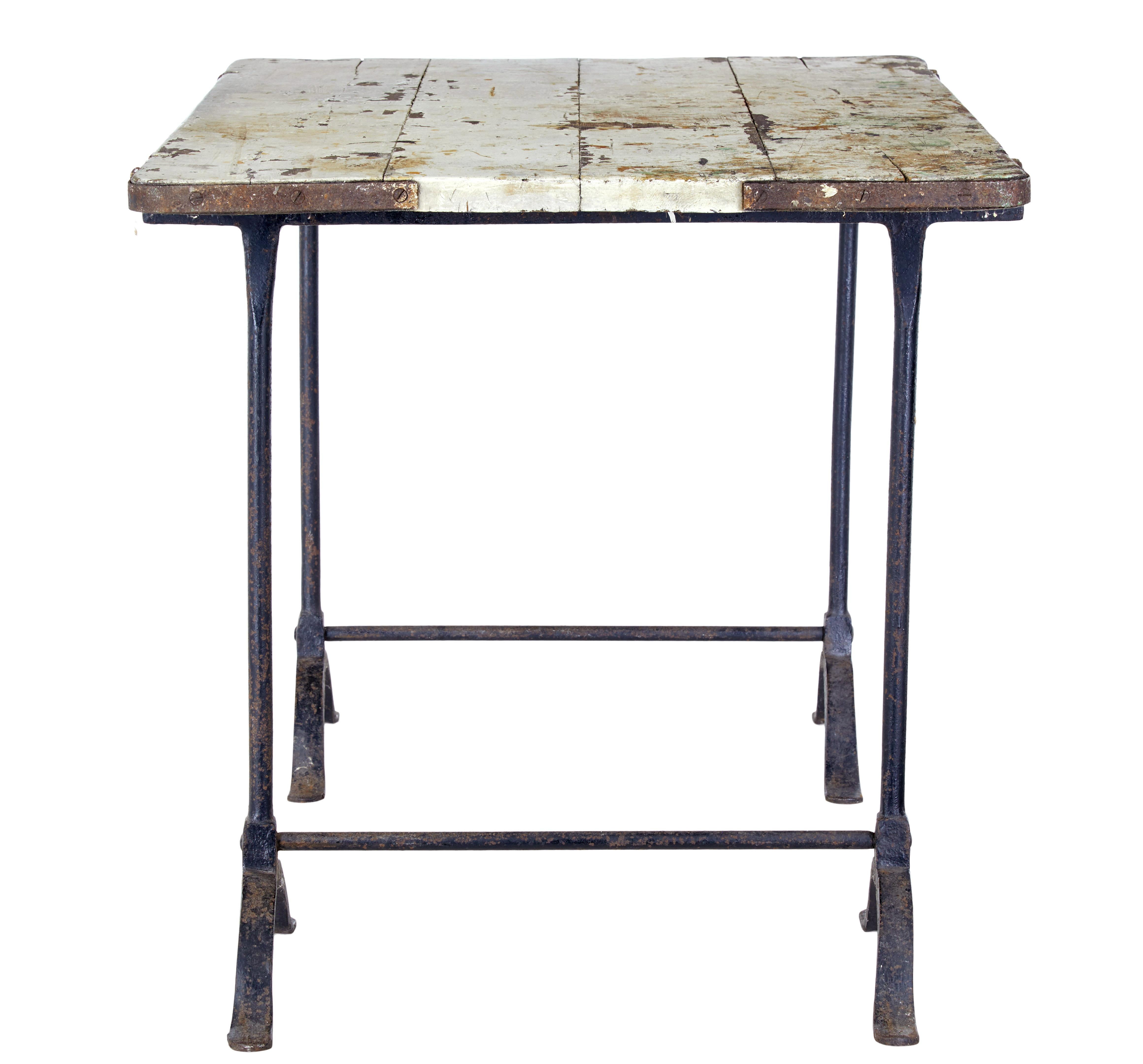 English Early 20th Century Pine and Iron Trestle Work Table