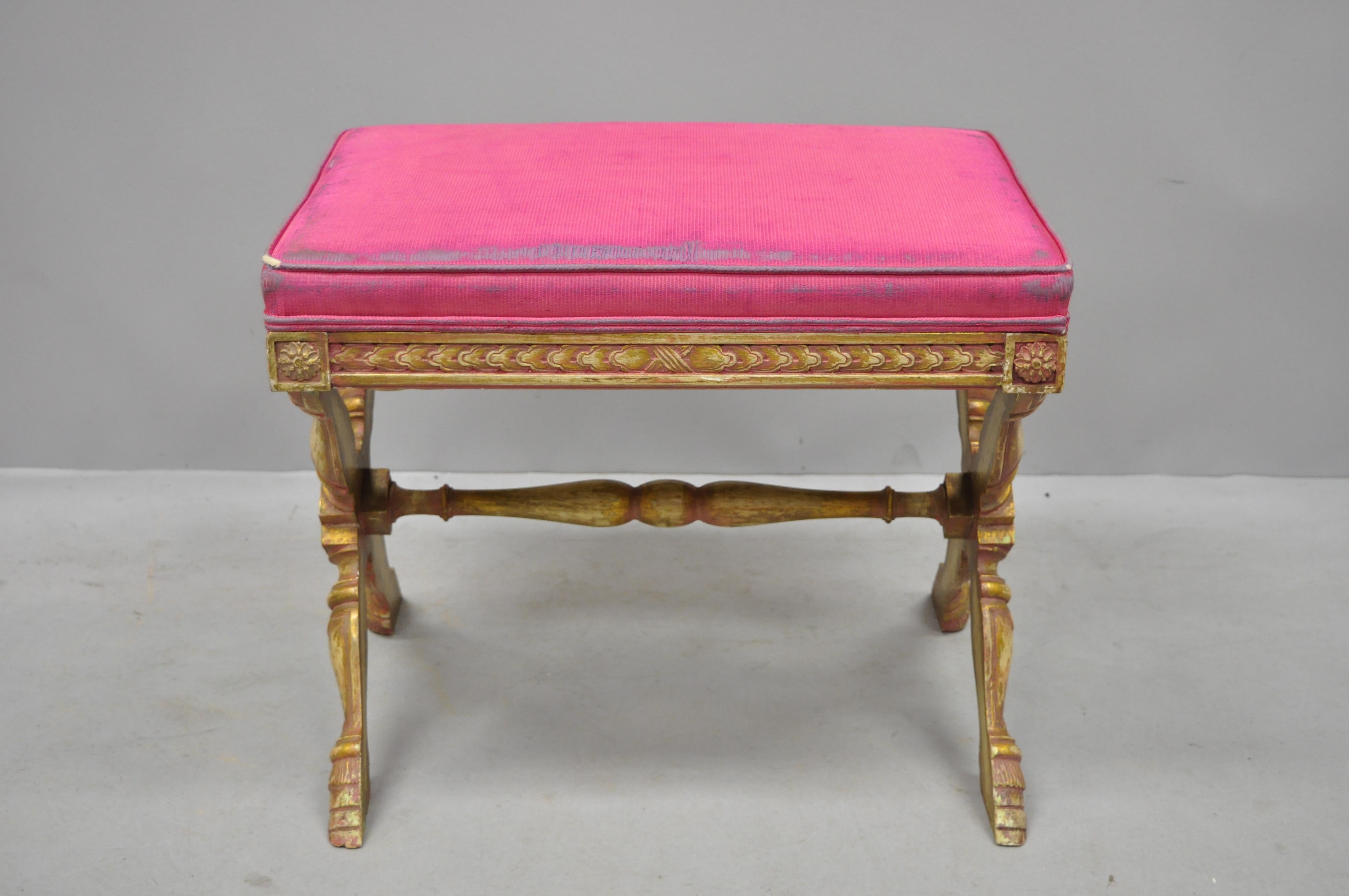 Early 20th century pink distress painted Italian Regency X-frame hoof foot stool. Item features pink and gold distress painted finish, X-frame with stretcher support, hairy hoof feet, nicely carved details, great style and form, circa early 20th