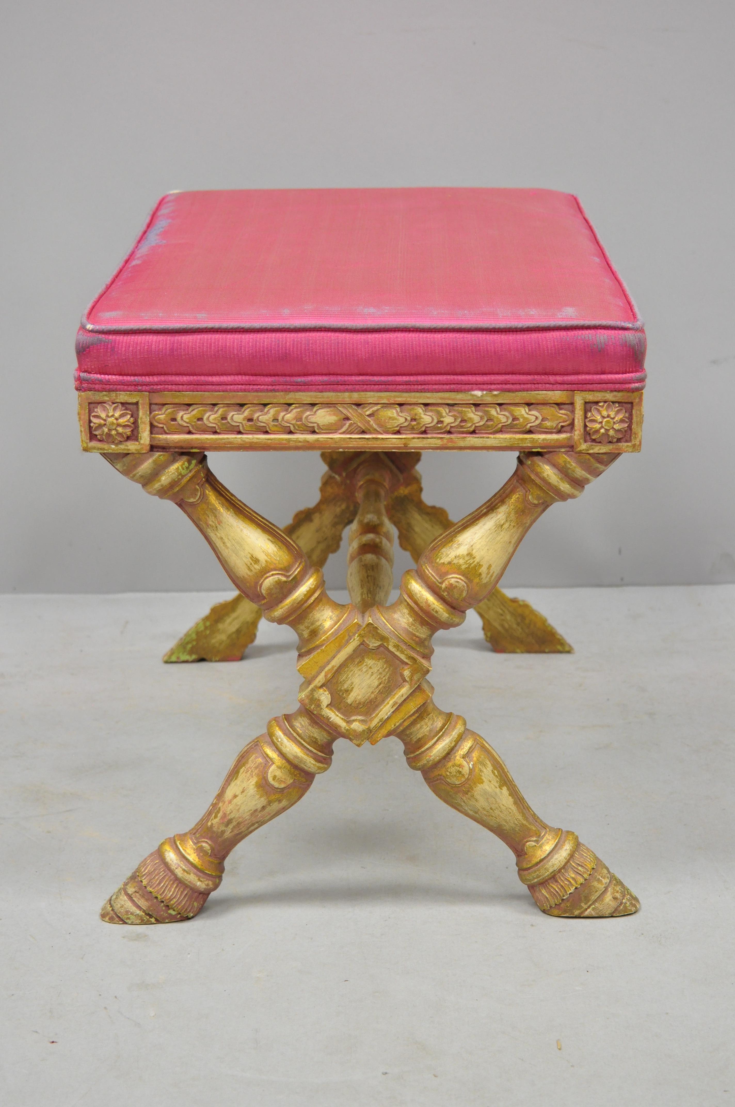 Early 20th Century Pink Distress Painted Italian Regency X-Frame Hoof Foot Stool In Good Condition In Philadelphia, PA