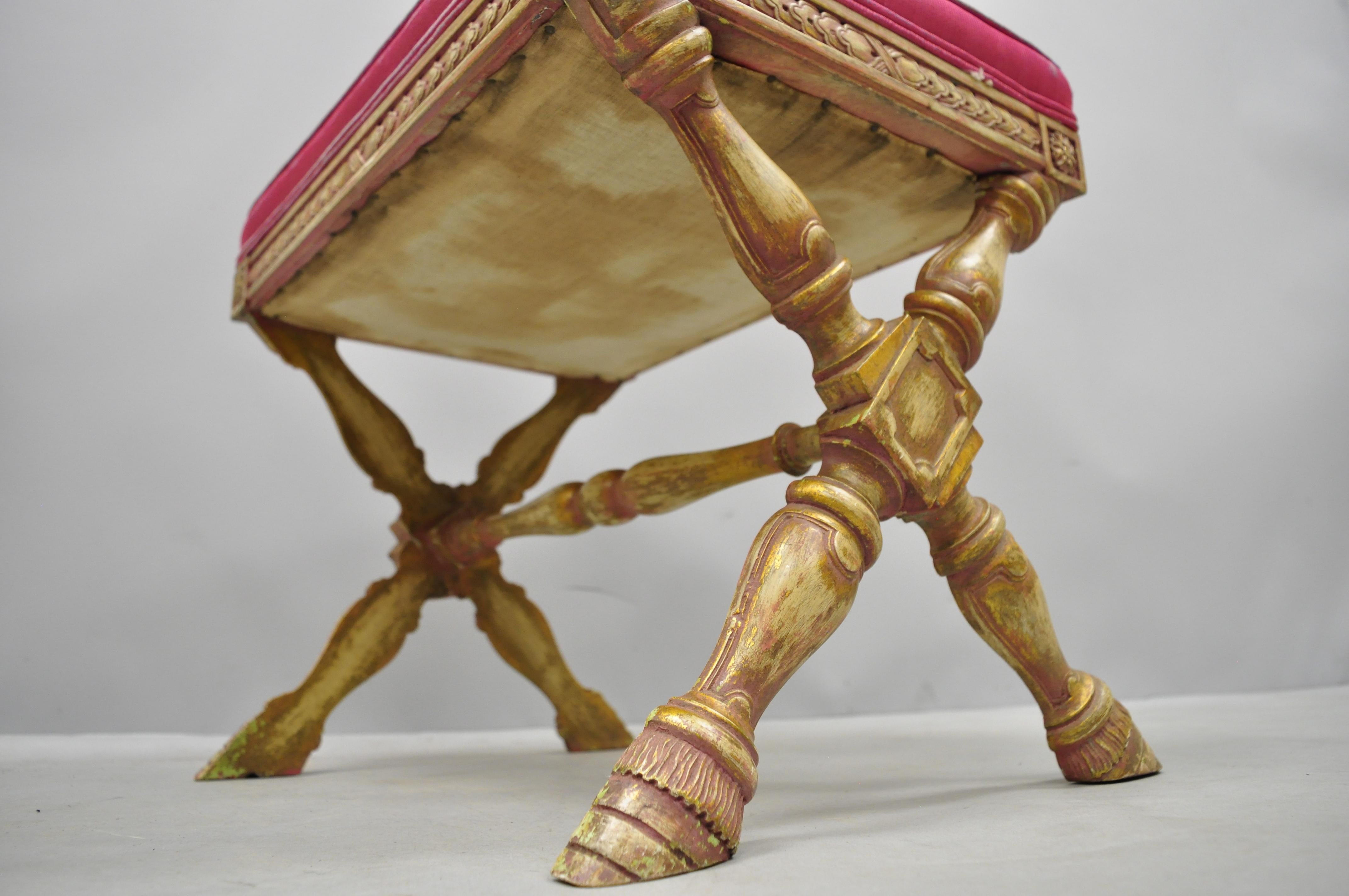 Early 20th Century Pink Distress Painted Italian Regency X-Frame Hoof Foot Stool 1