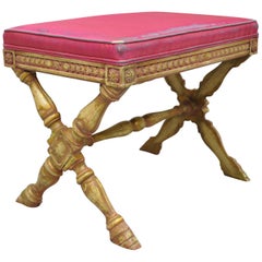 Early 20th Century Pink Distress Painted Italian Regency X-Frame Hoof Foot Stool