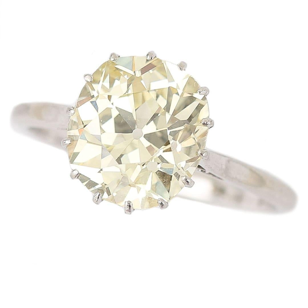 Romantic Early 20th Century Platinum GIA 4.44ct Old Brilliant Cut Diamond Solitaire Ring