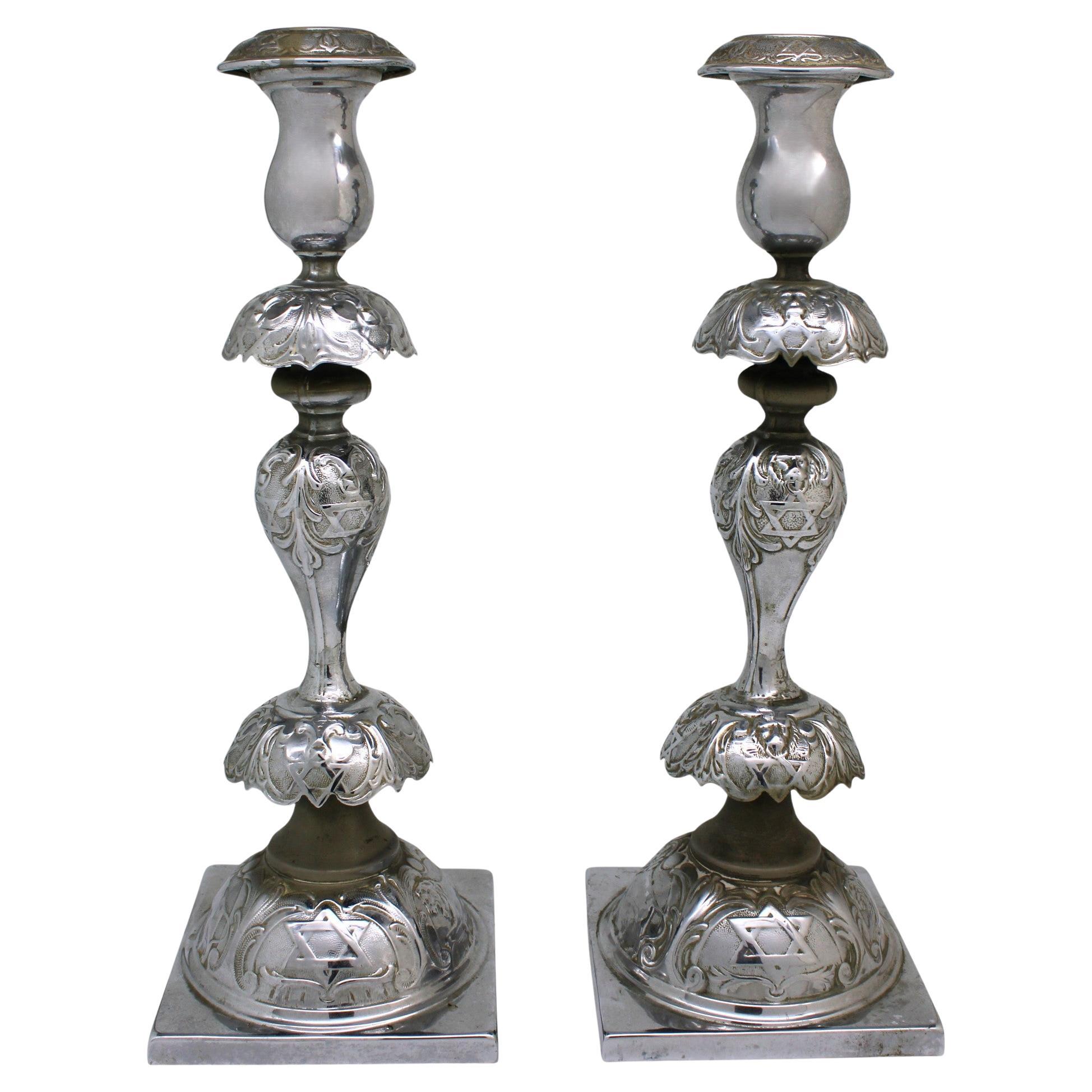 Candelabri Shabbat polacchi placcati in argento dell'inizio del XX secolo