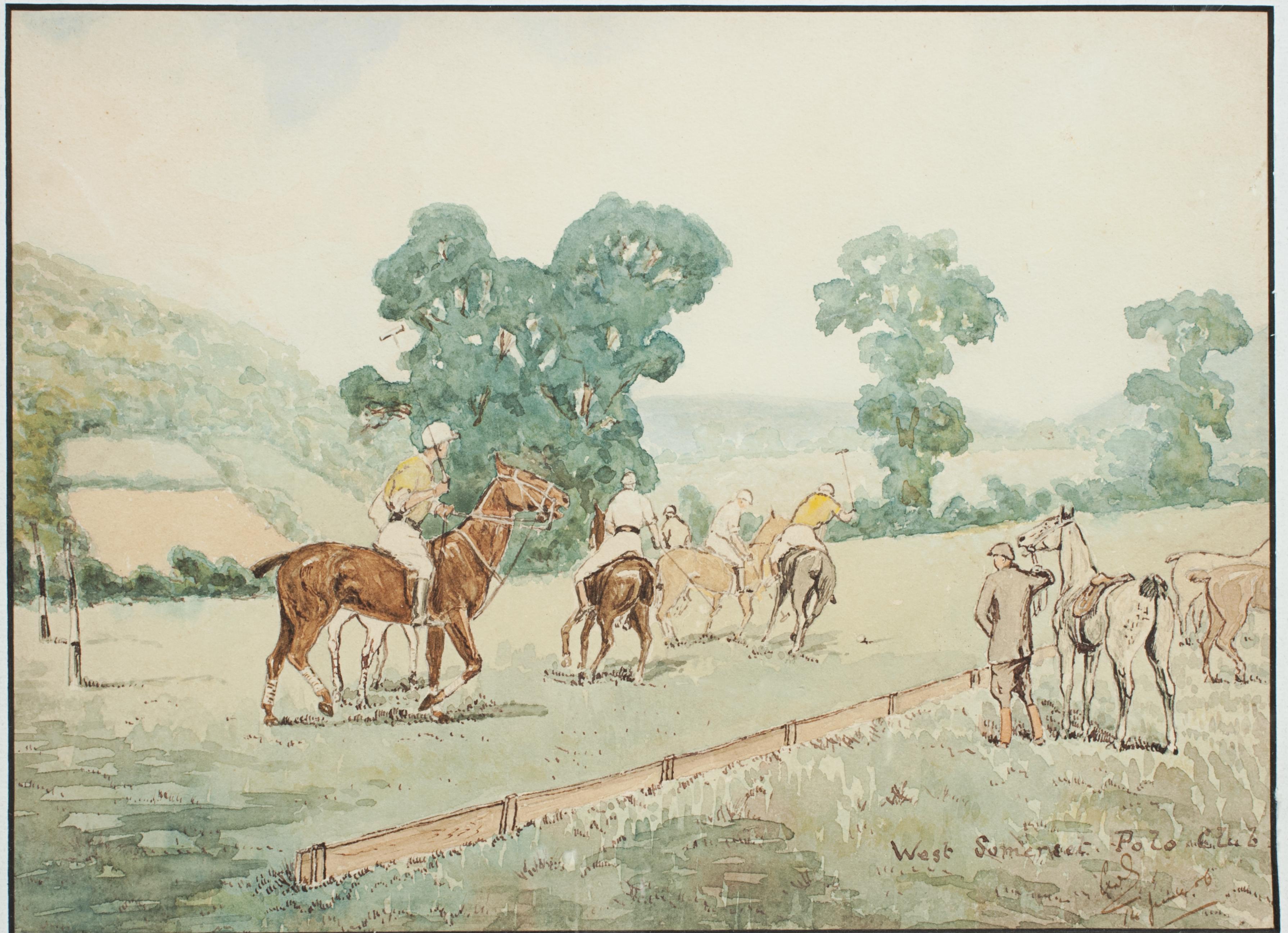 Polo Watercolor.
Early 20th century polo watercolour by Charles Simpson. The polo picture is of the 'West Somerset Polo Club' and shows a polo match in progress with six players being watched by a groom stood holding the reins of his horse. The