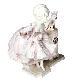 Early 20th Century Porcelain Figural Clock Lady and Cockatoo