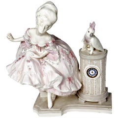 Early 20th Century Porcelain Figural Clock Lady and Cockatoo