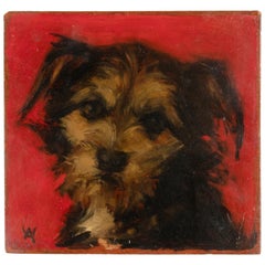 Antique Early 20th Century Portrait of a Dog, Oil Paint on Wooden Panel
