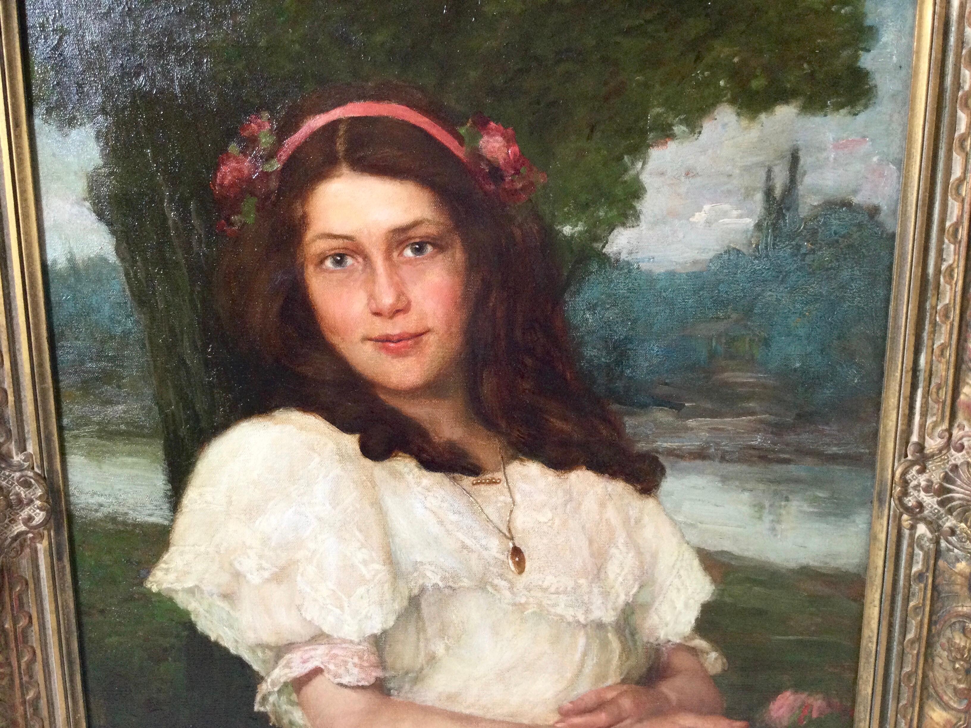 Elegant portrait of a young girl in a white dress. The girl holding a pink rose with pink ribbon in her hair, signed by the artist E. Fetoue, dated 1910. In original giltwood frame. Panting measures 25 high, by 20 wide, with frame 30.5 high, 25.5