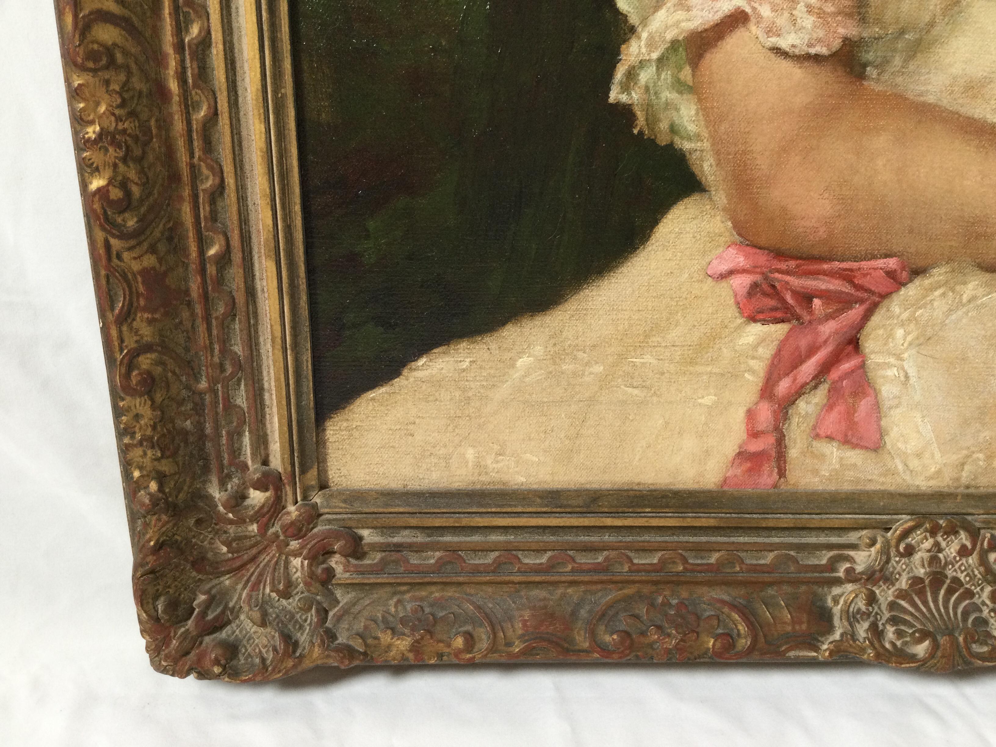 Hand-Painted Early 20th Century Portrait of a Girl in White Dress