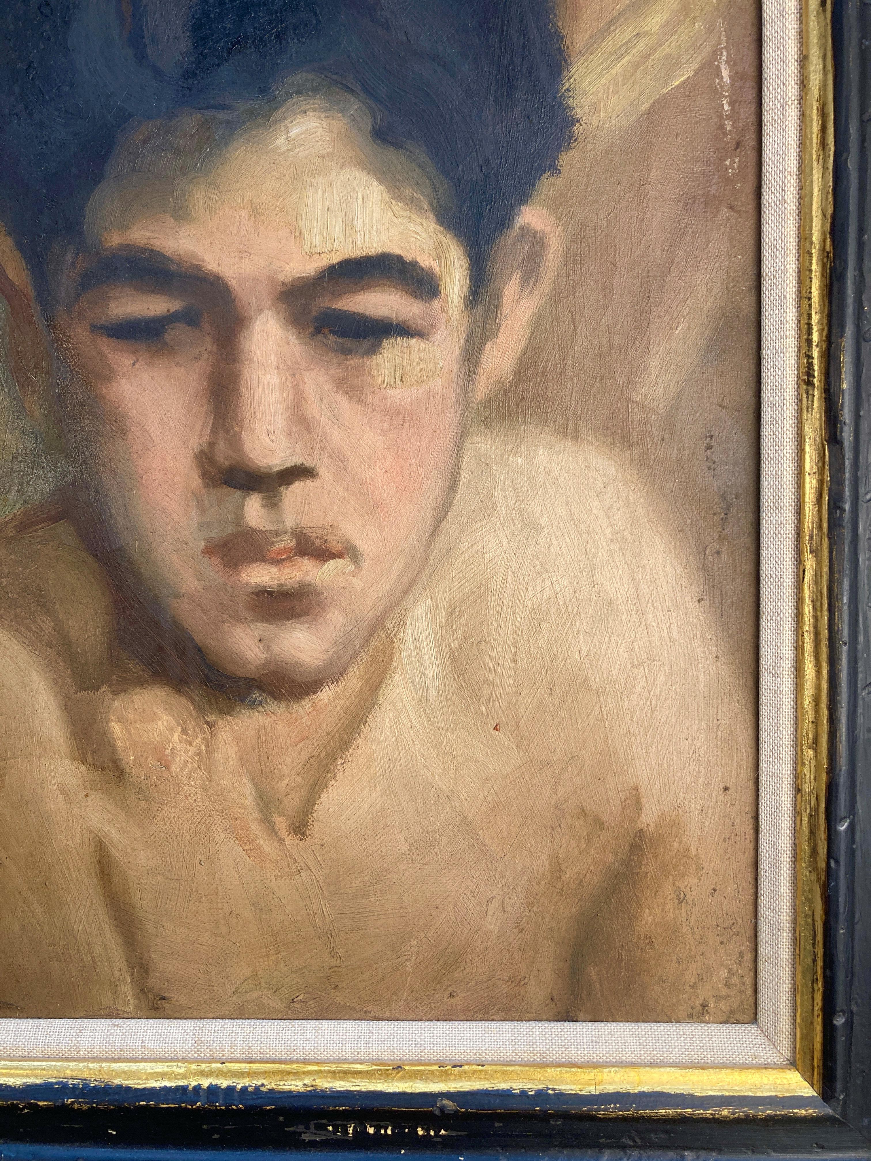 Retrato al óleo sobre lienzo, italiano, de principios del siglo XX, de un niño sardo, en marco de arpillera y ebonizado y dorado.