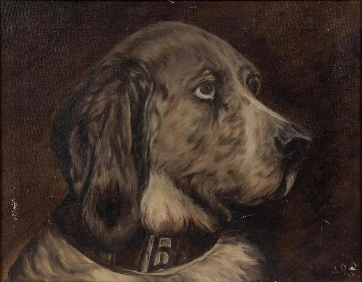 Early 20th Century Portrait of an English Setter Oil on Canvas in Modern Frame. 

American School, folk art, en grisaille, signed and dated lower right. 
Retains a typed note, which reads, in part, 