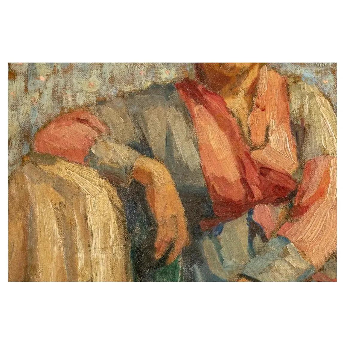 Tela Ritratto ad olio di William McGregor Paxton dei primi del Novecento, incorniciato in vendita