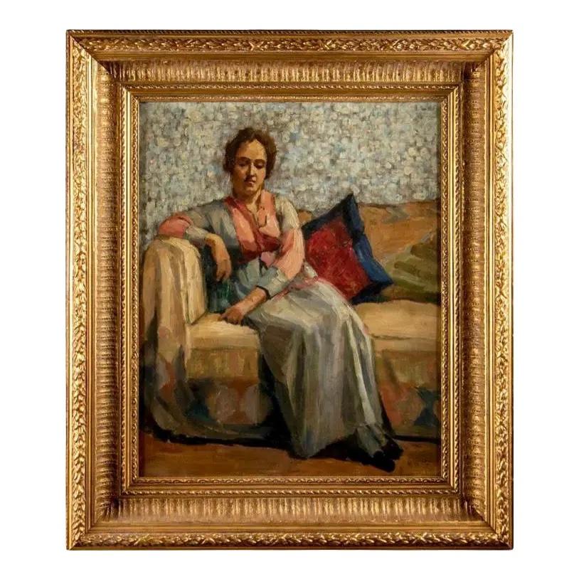 Ritratto ad olio di William McGregor Paxton dei primi del Novecento, incorniciato in vendita