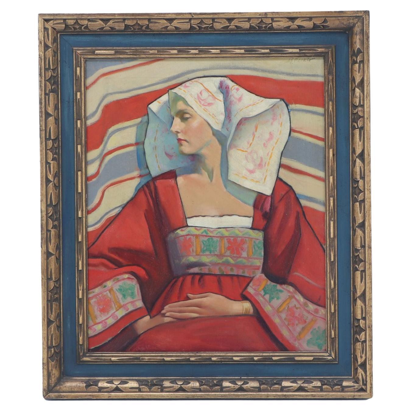 Peinture à l'huile du début du 20e siècle représentant une femme en costume folklorique traditionnel