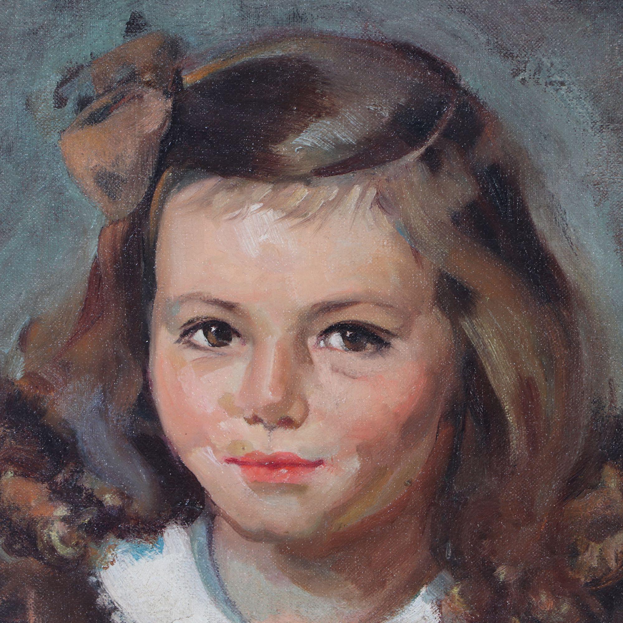 Magnifique huile sur toile, non signée. Portrait d'une jeune fille en robe brune et aux cheveux bruns. Au dos du tableau figure un autocollant portant la mention Marjorie and Adams.
