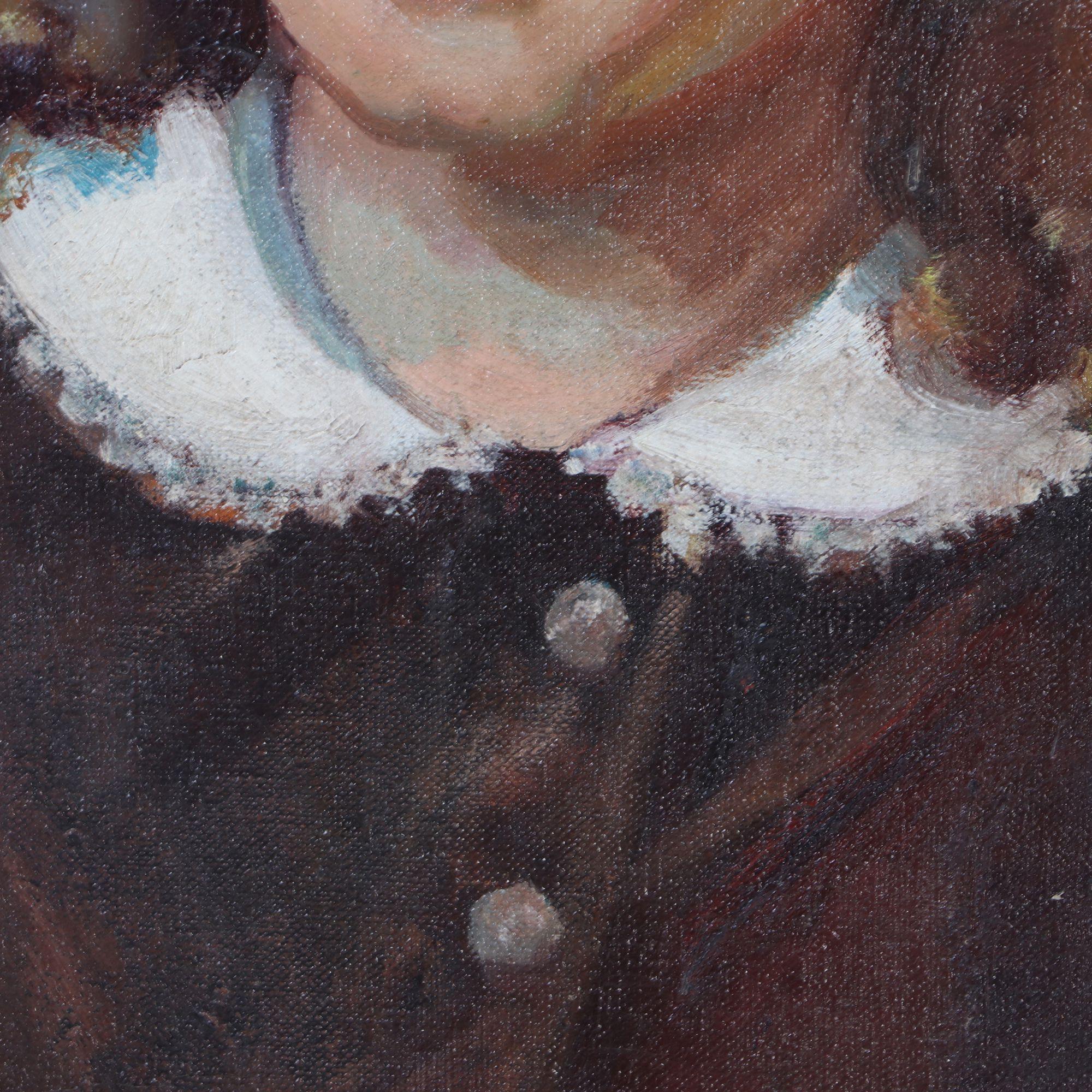 Américain Peinture à l'huile du début du 20e siècle représentant une jeune fille à la robe Brown en vente