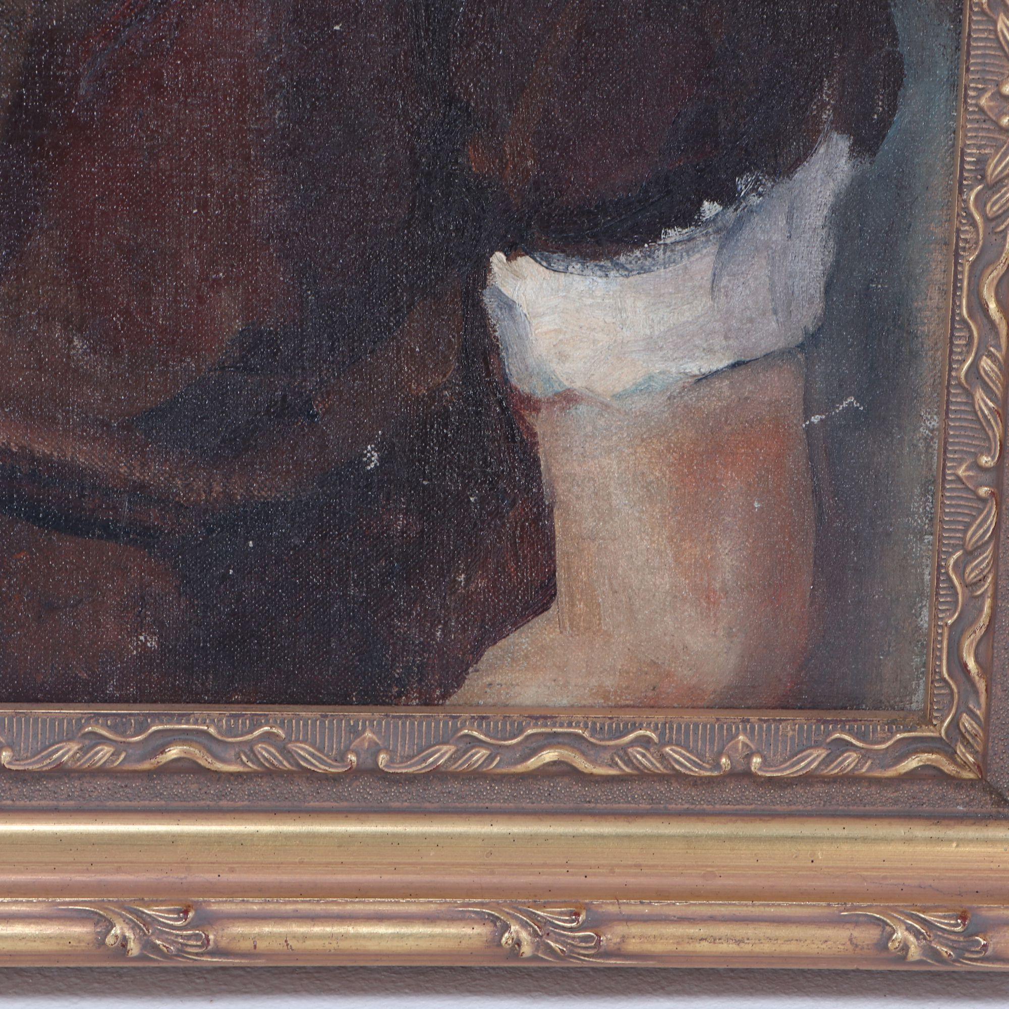 Peinture à l'huile du début du 20e siècle représentant une jeune fille à la robe Brown Bon état - En vente à Philadelphia, PA