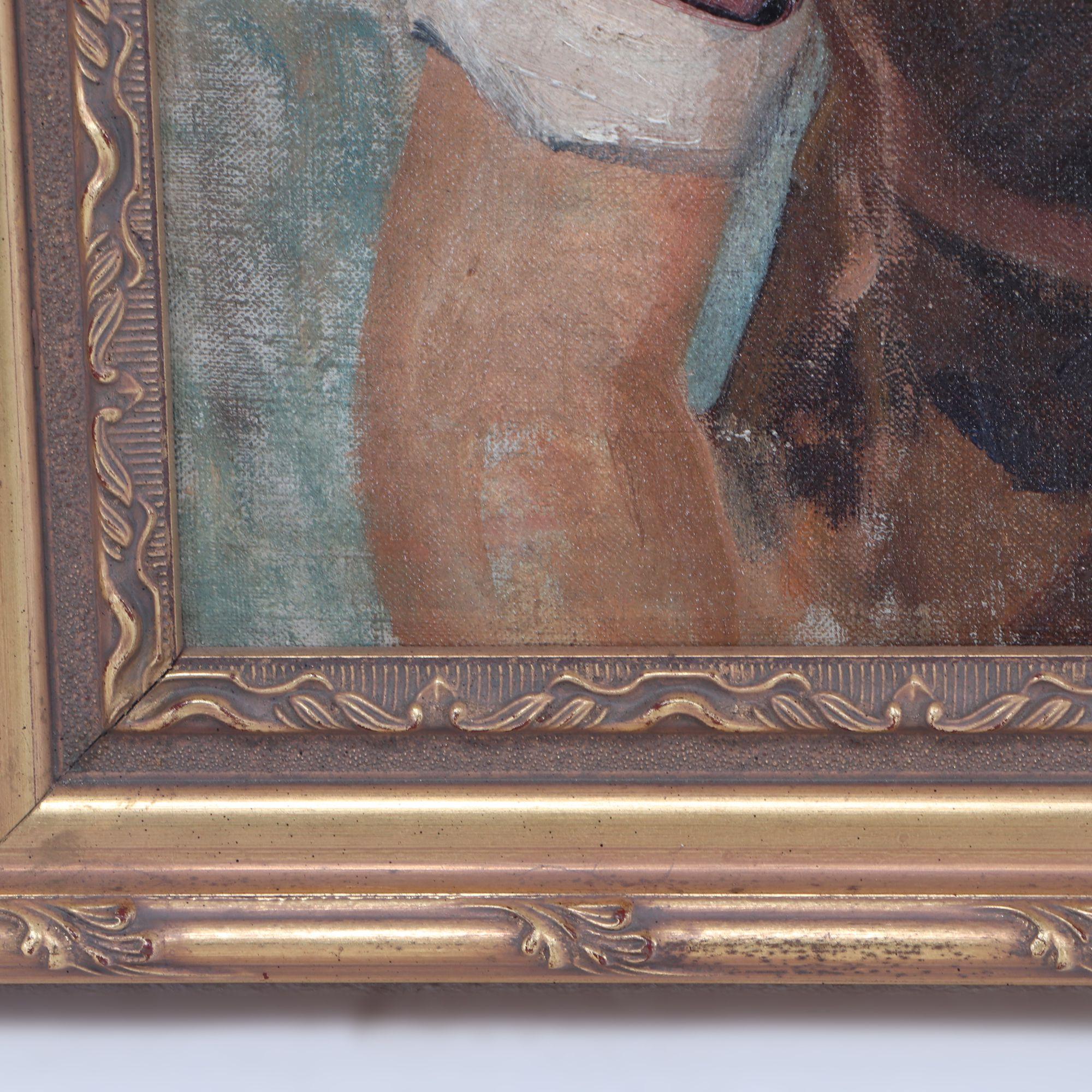 Canvas Early 20th Century Portrait Oil Painting of a Young Girl With Brown Dress For Sale