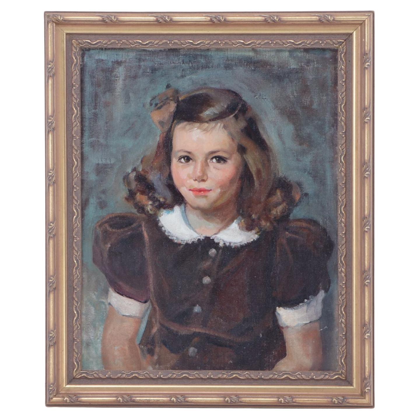 Early 20th Century Portrait Oil Painting of a Young Girl With Brown Dress