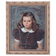 Antique Early 20th Century Portrait Oil Painting of a Young Girl With Brown Dress