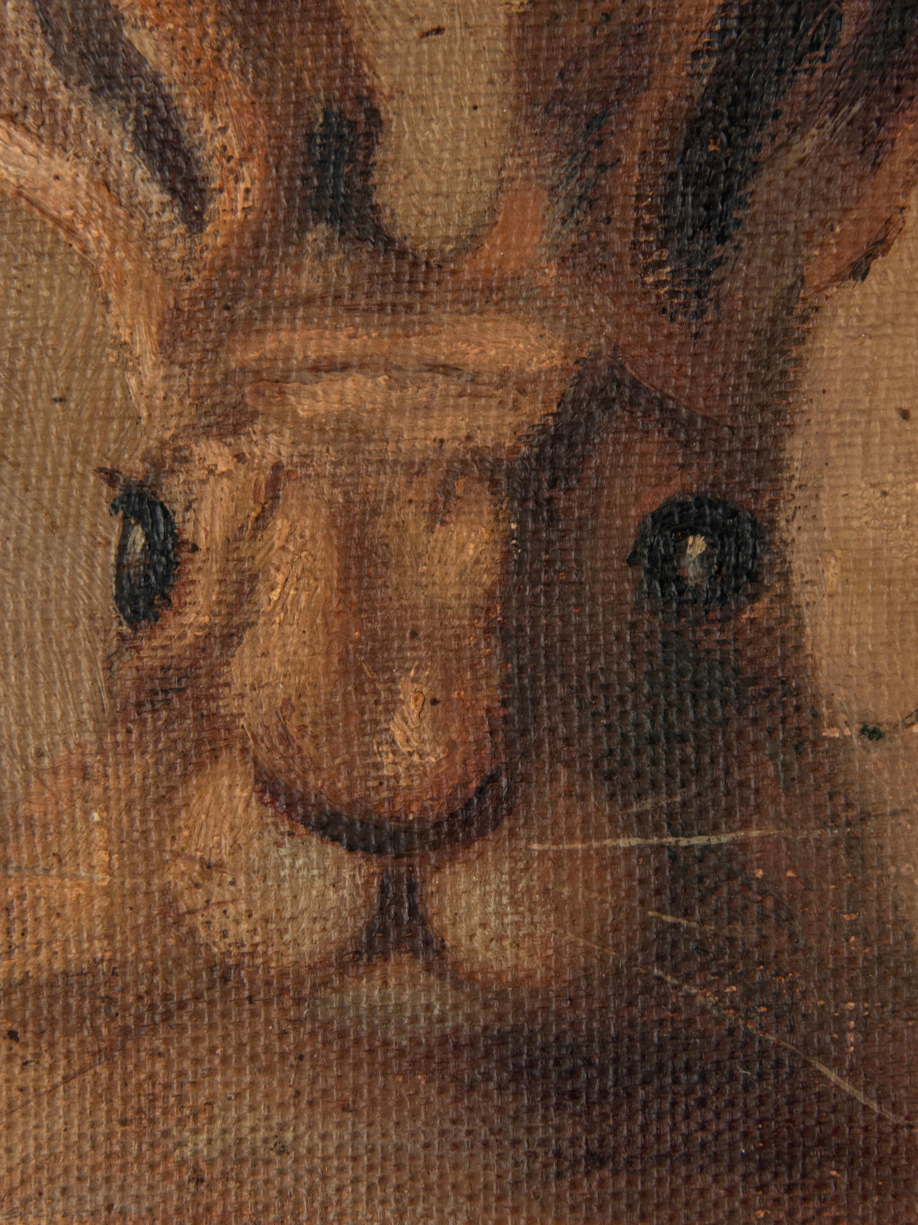 Hand-Painted Early 20th Century Portrait Oil Paintings of Hare and Foxes