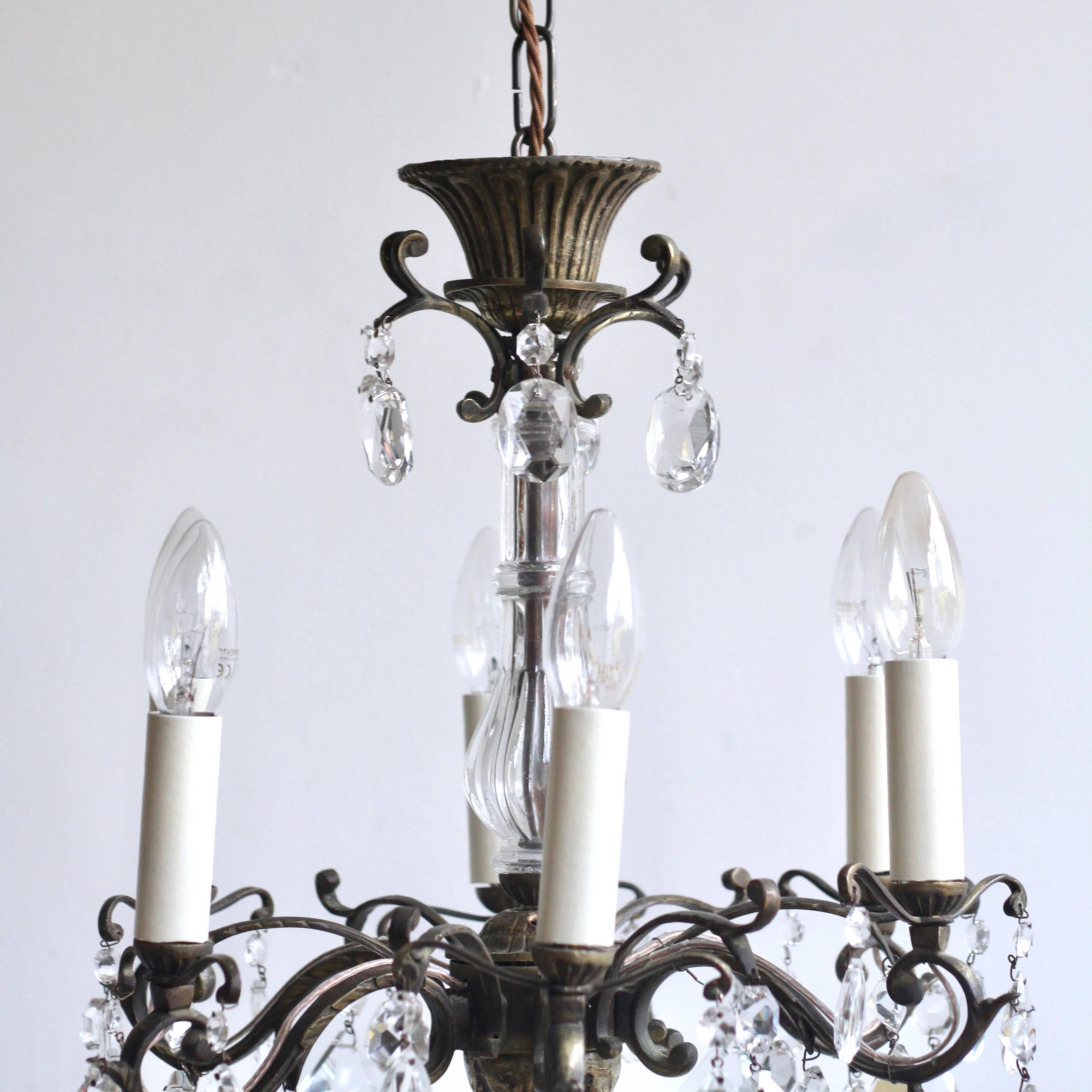 Brass Early 20th Century Pretty French Chandelier with Crystal Drops