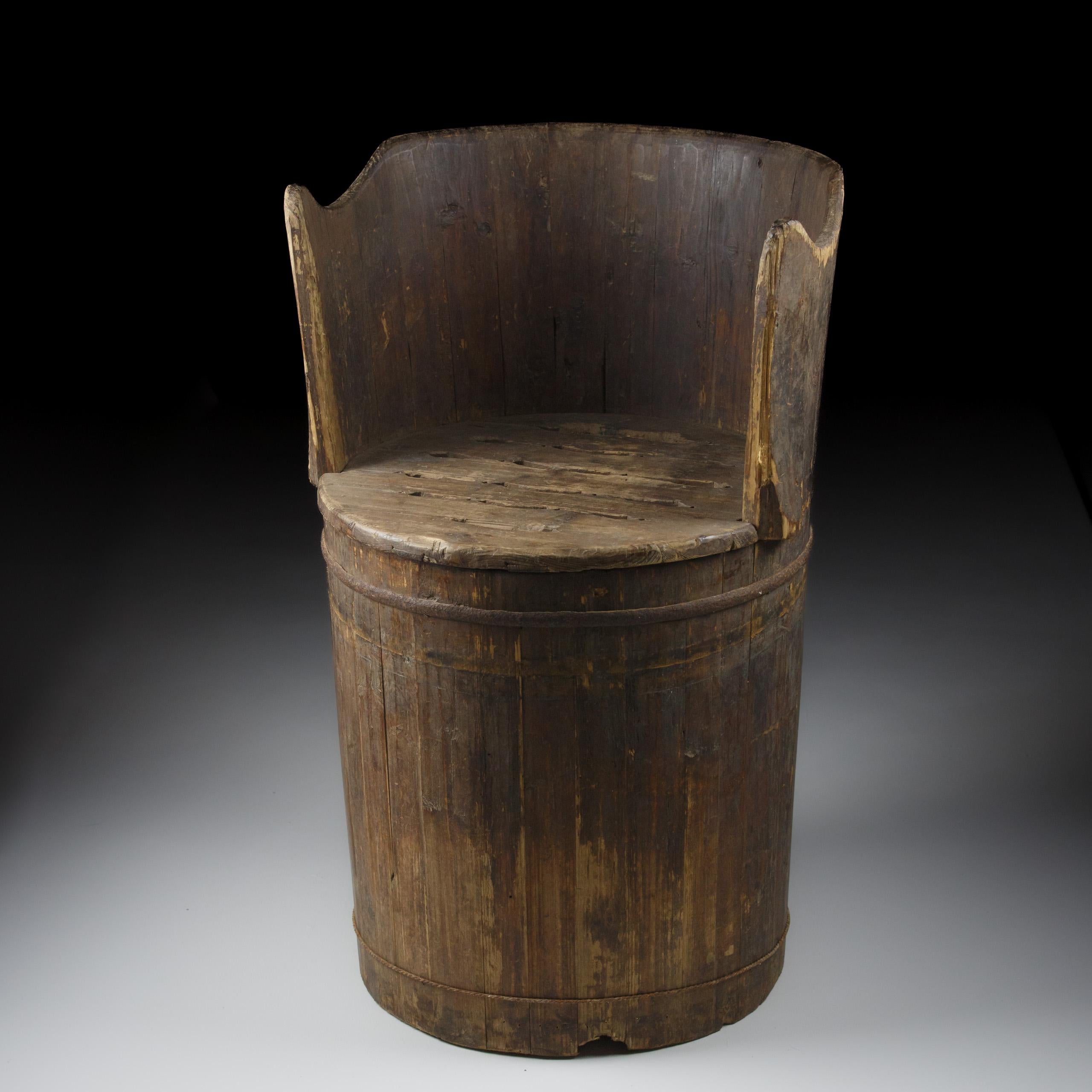 Primitive Barrel Chair. Iron strapping Excellent dry untouched surface, excellent wear. Japan, Circa 1900.
