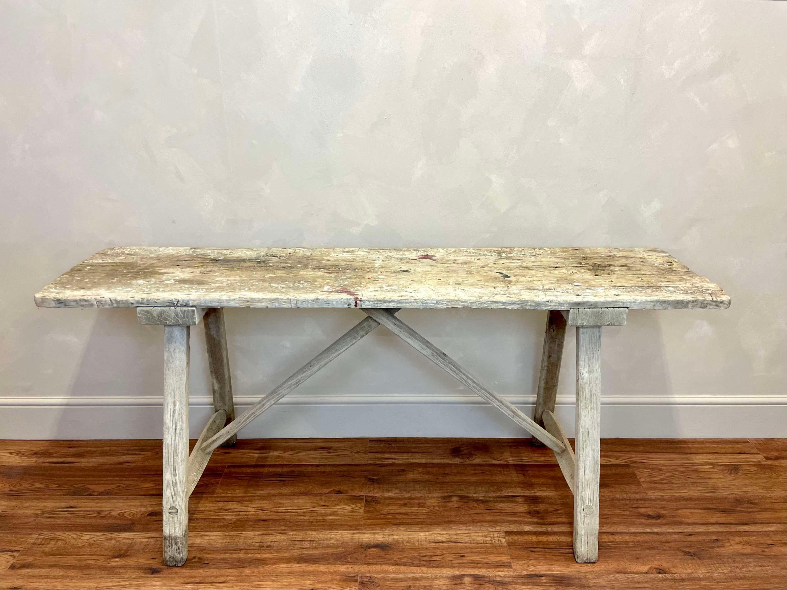French primitive, early 20th c workbench.
Usually used as laundry benches, this one has possibly been used in a workshop, so has some great wear and pretty paint splatters.
This piece would look amazing as a console or behind a sofa with lamps and