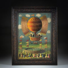 Early 20th Century Primitive Hot Air Balloon  Launch Painting