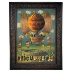 Early 20th Century Primitive Hot Air Balloon  Launch Painting