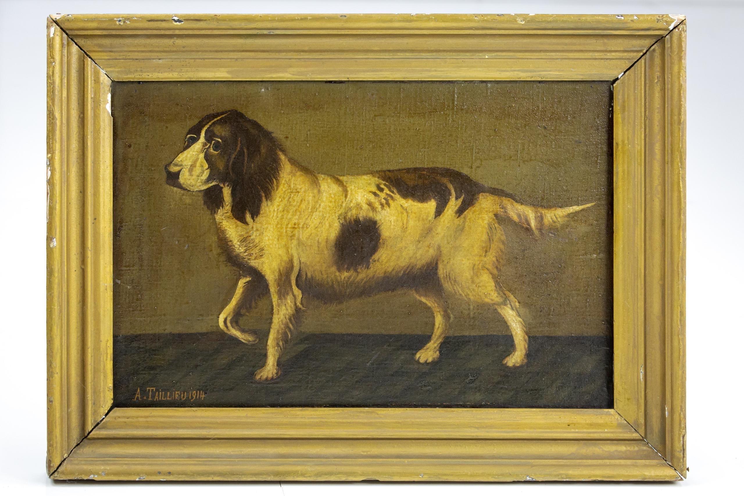 20ième siècle Huile sur toile primitive du début du 20e siècle représentant un épagneul en vente