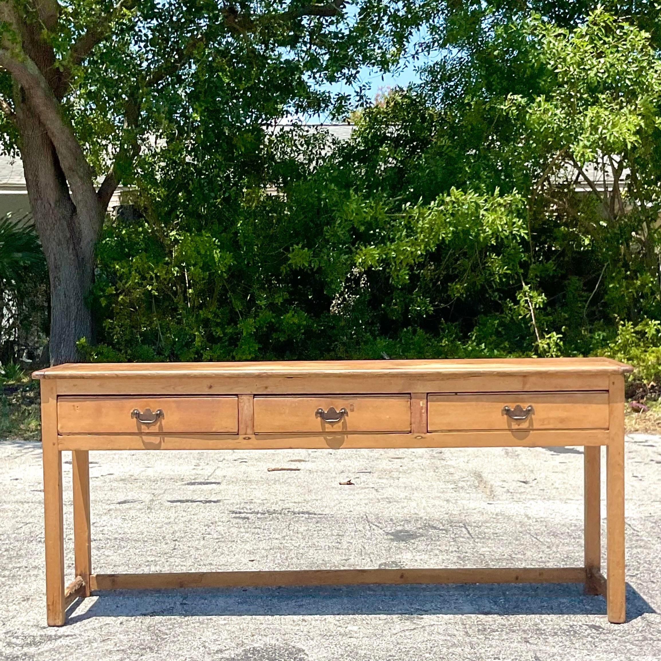 Early 20th Century Primitive Patinated Wood Console Table In Good Condition For Sale In west palm beach, FL