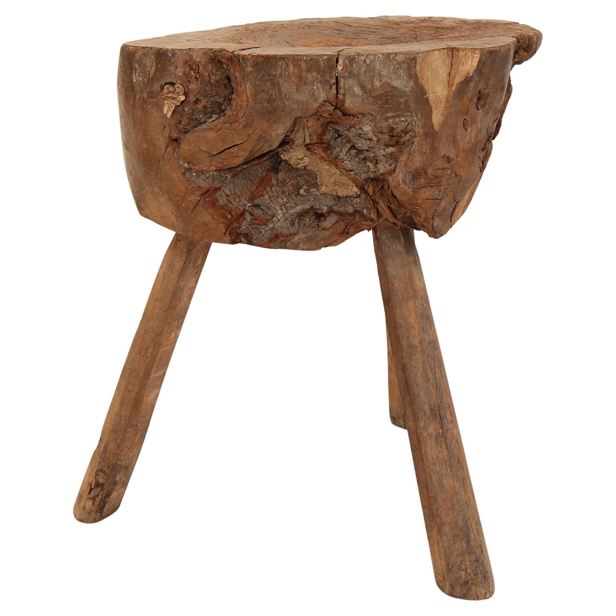 Early 20th Century Primitive Wabi Sabi Wooden Chopping Block Side Table For Sale