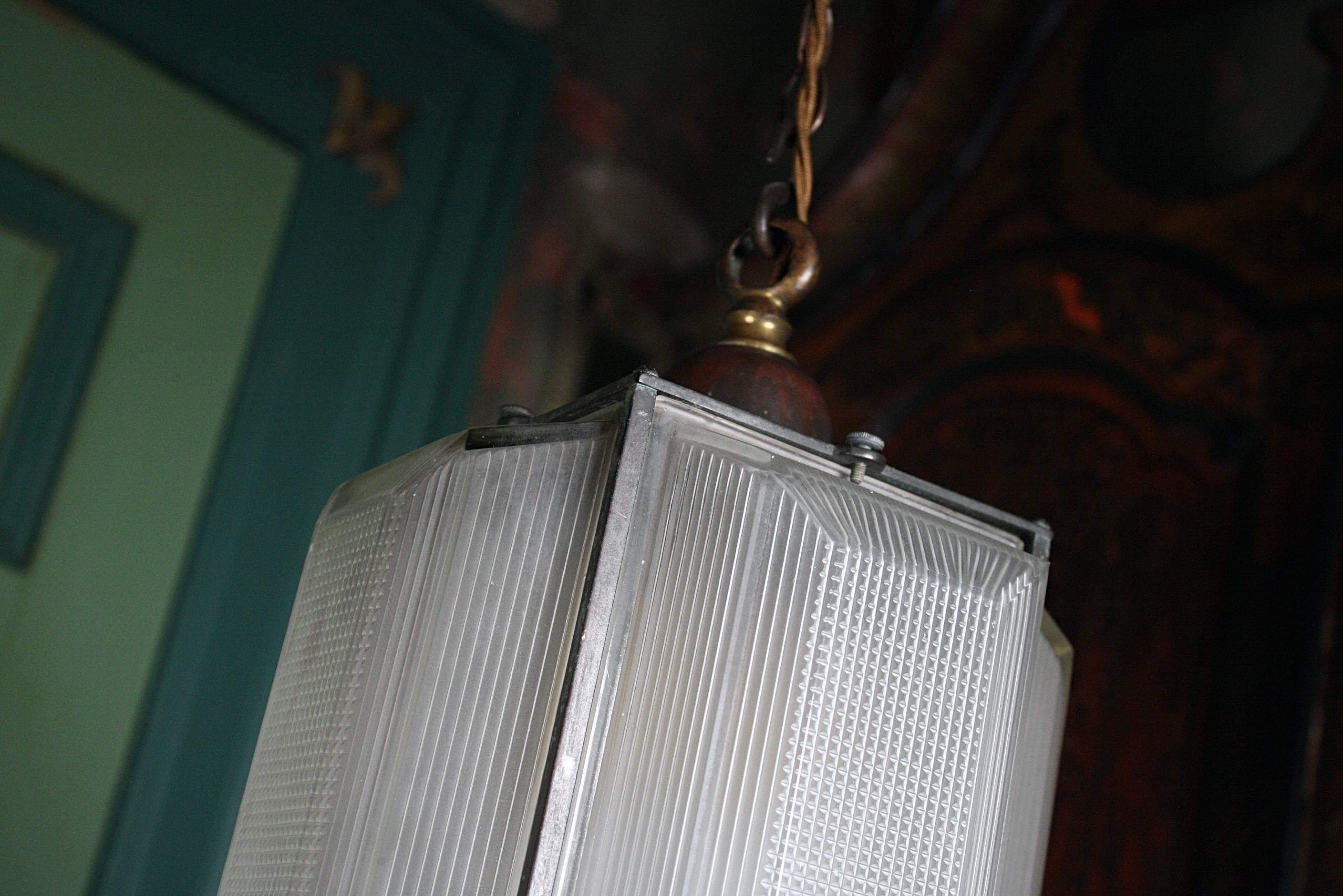 Early 20th Century Prismatic Glass and Bronze Holophane Lantern Light 5
