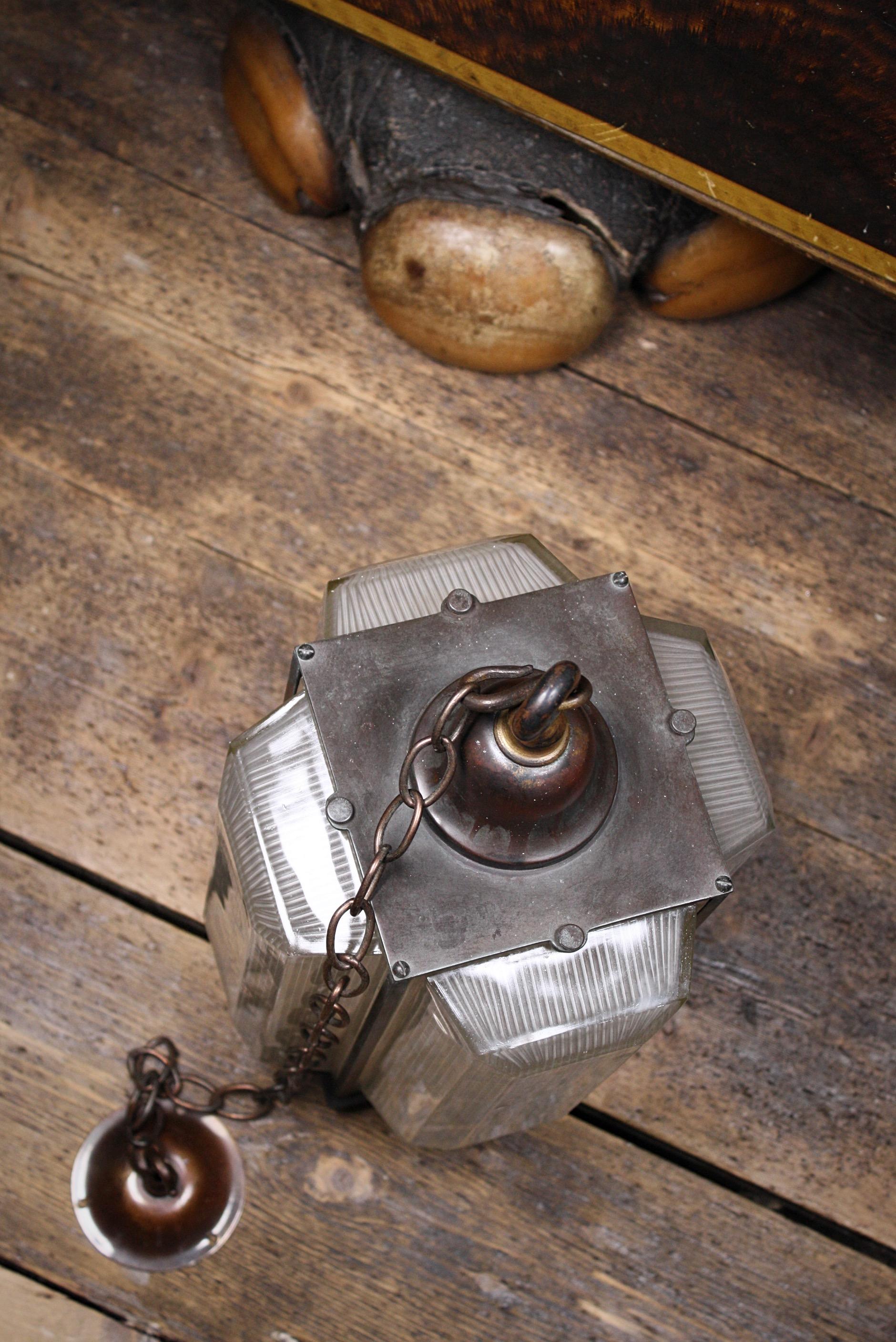 Early 20th Century Prismatic Glass and Bronze Holophane Lantern Light 9
